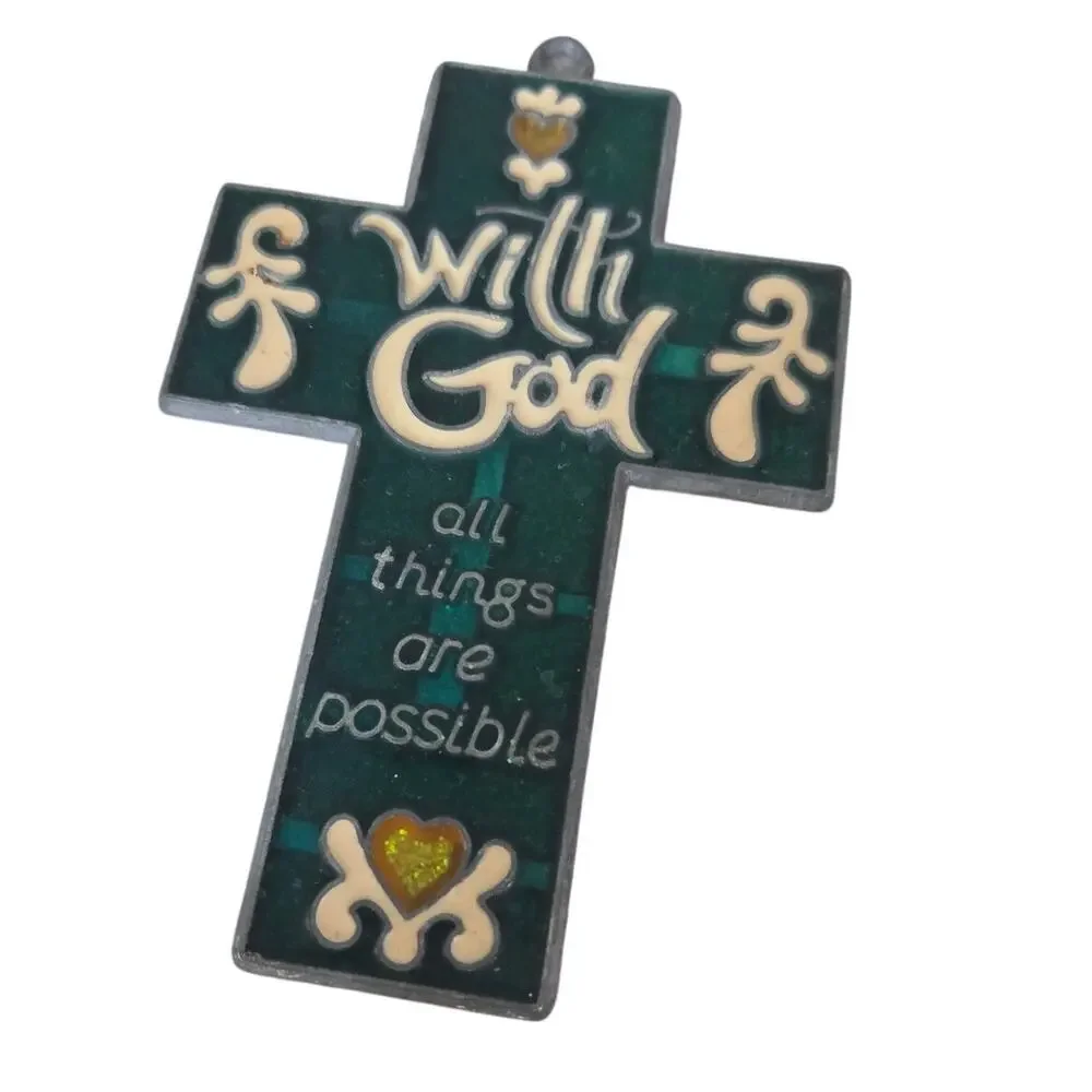With God Cross Vtg Suncatcher Green Matthew 19:26 Window Stain Glass
